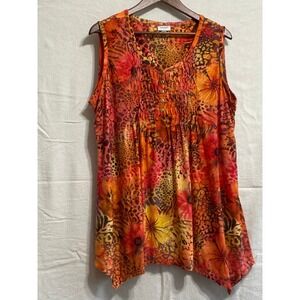 Avenue Women's 18/20 Sleeveless Tunic Boho Floral Animal Print Orange Hanky Hem